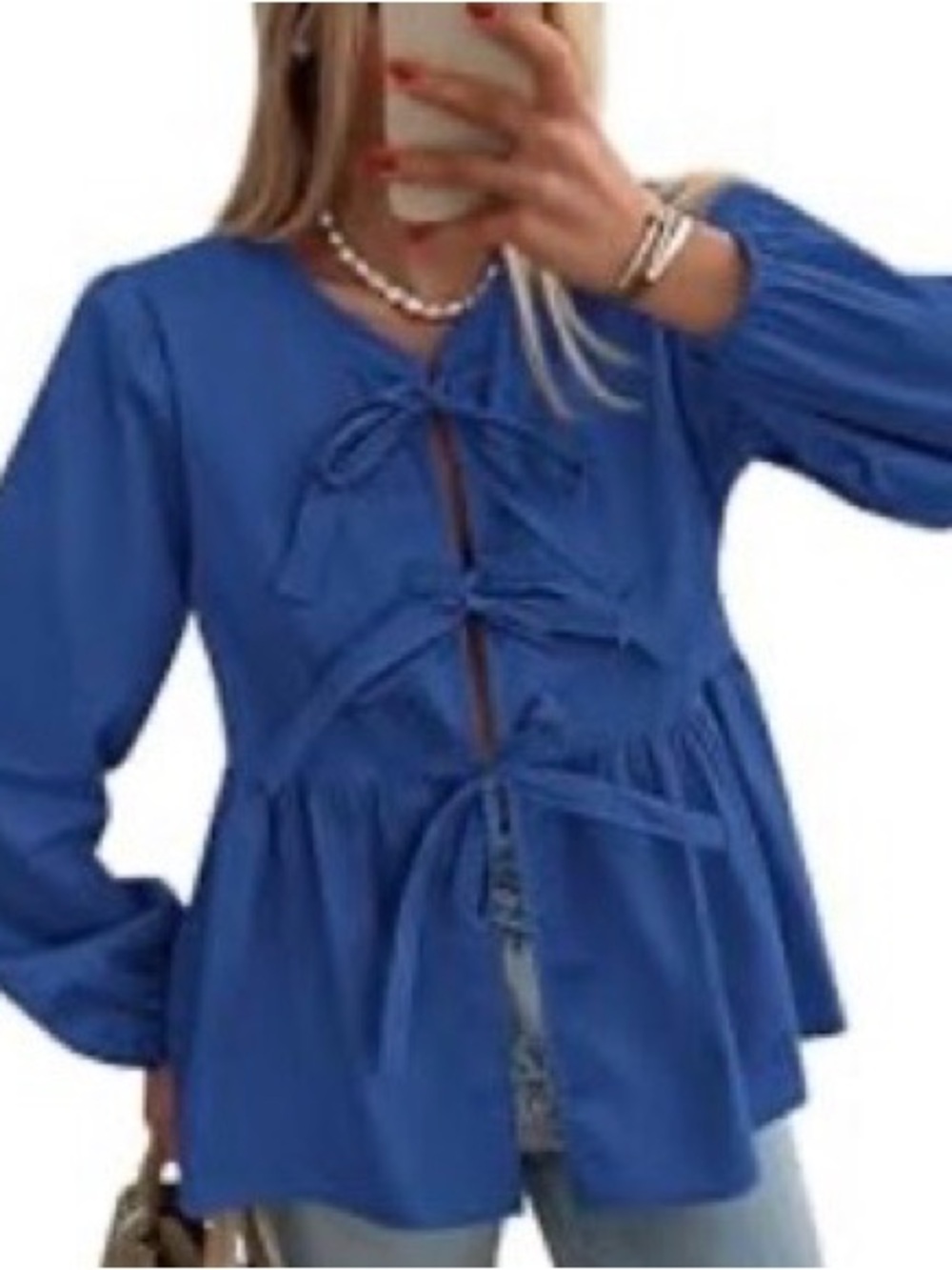 Women's Royal Blue Tie-Front Peplum Blouse
